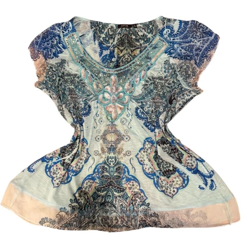 Apt. 9 Blue Paisley Sequin Embellished Flutter Sleeve Top XL — Y2K Retro Boho Tr